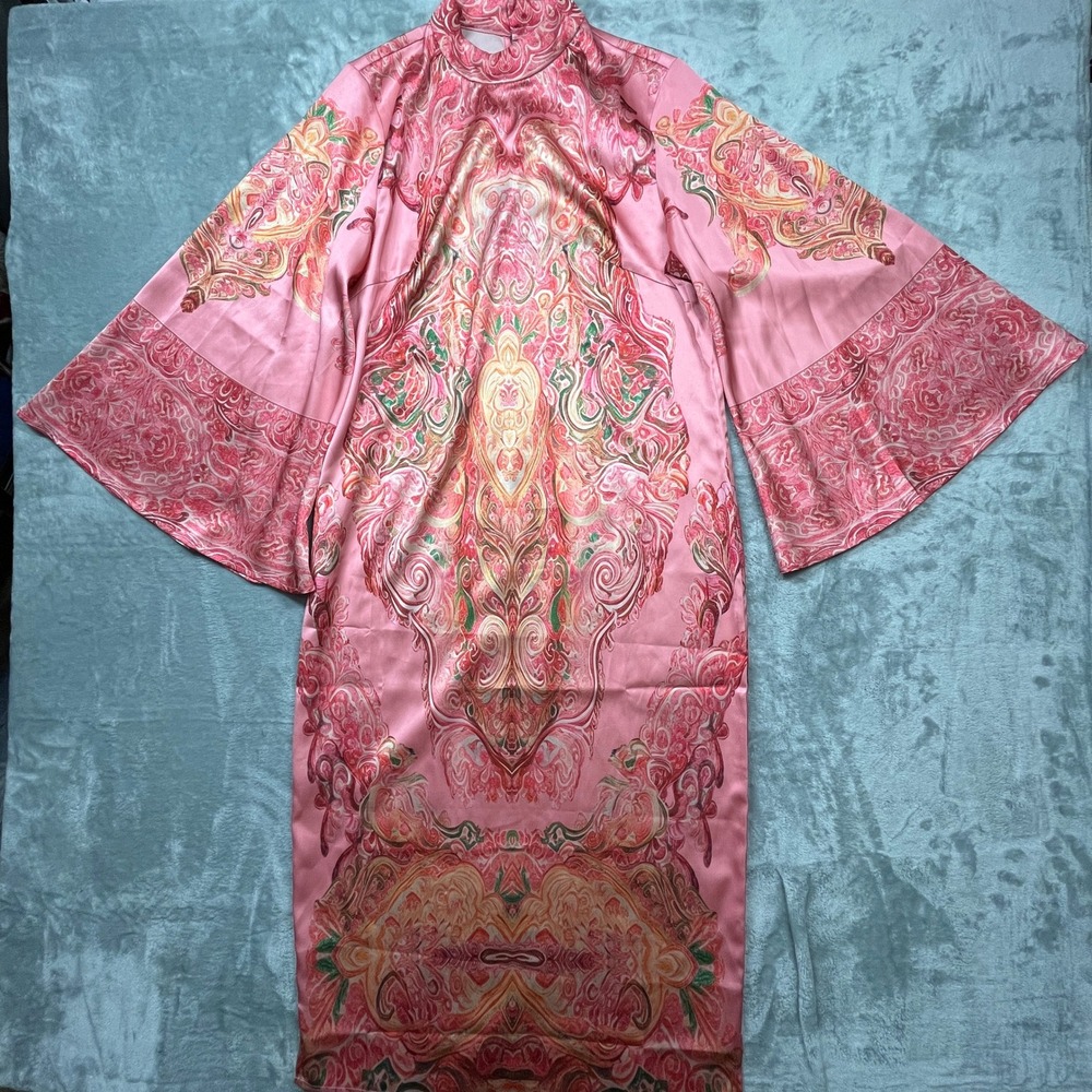Modesees Kaftan Midi Dress Women S Pink Paisley Satin Wide Bell Sleeve Mock Neck